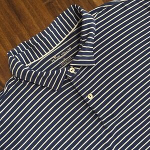 Peter Millar Seaside Wash Polo Mens XL Blue Navy White Striped Pocket Golf Shirt